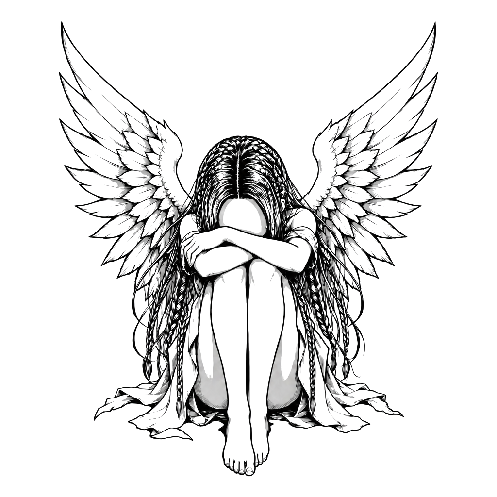 A girl with wings sitting down with her head down