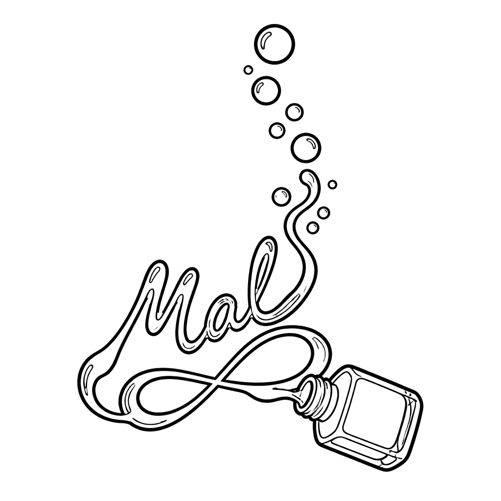 “Mal” written in nail polish, linked to a tipped bottle spilling into rising bubbles, with an infinity loop subtly formed in the flowing polish.