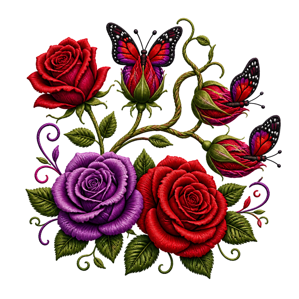1 rote Rose, 1 geschlossene Rose wo ein Schmetterling entsteht,2 geschlossene Rosen an einen Strang wo aus den geschlossenen Rosen Schmetterlinge entstehen, 1 lila Rose und 1 rote Rose. Alles zusammen mit den Namen Fabian und Dèsirèe verbunden