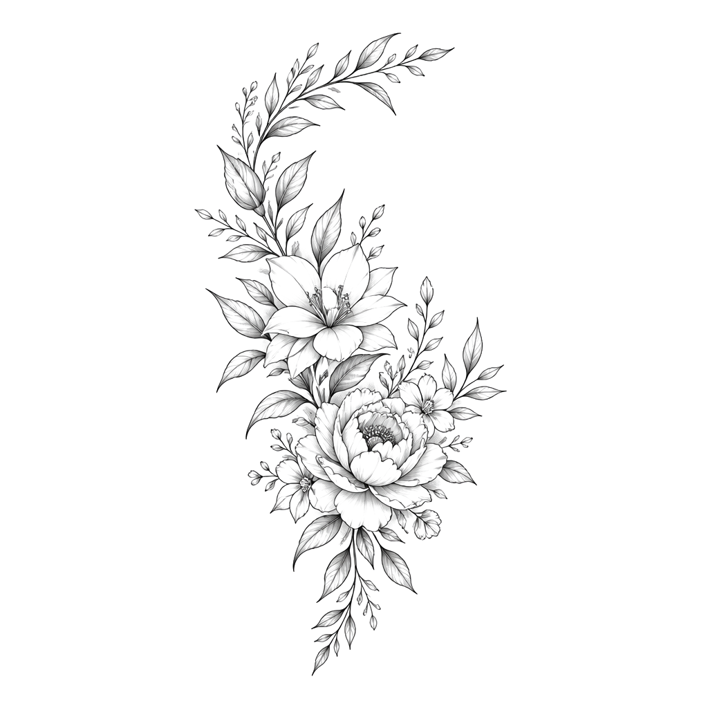 Floral design with flowers in amongst leaves primarily on my left thigh rising slightly to wrap around my hip. Fine line tattoo with light shading
