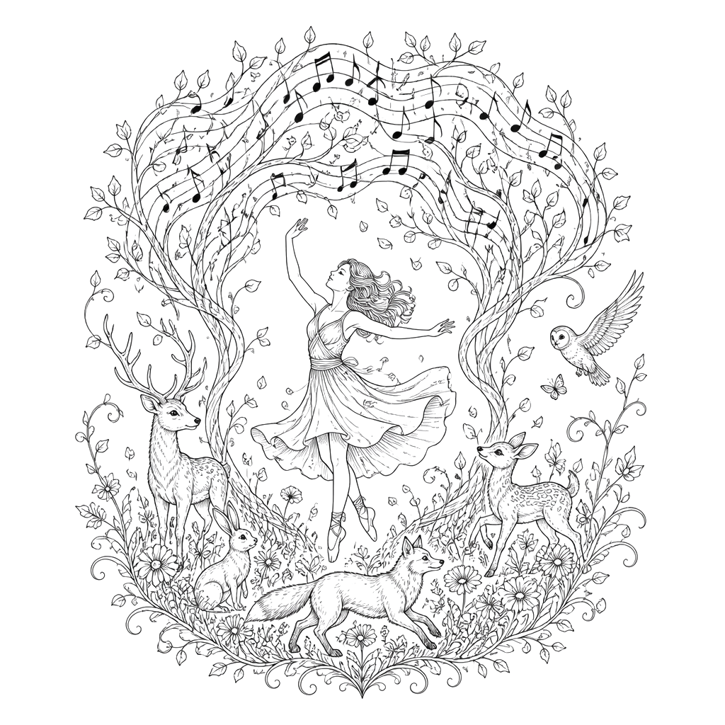 A dancer twirls beneath musical notes forming a forest canopy, surrounded by animals moving through wildflowers and curling vines.