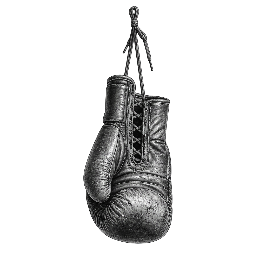 A worn boxing glove hanging by its laces