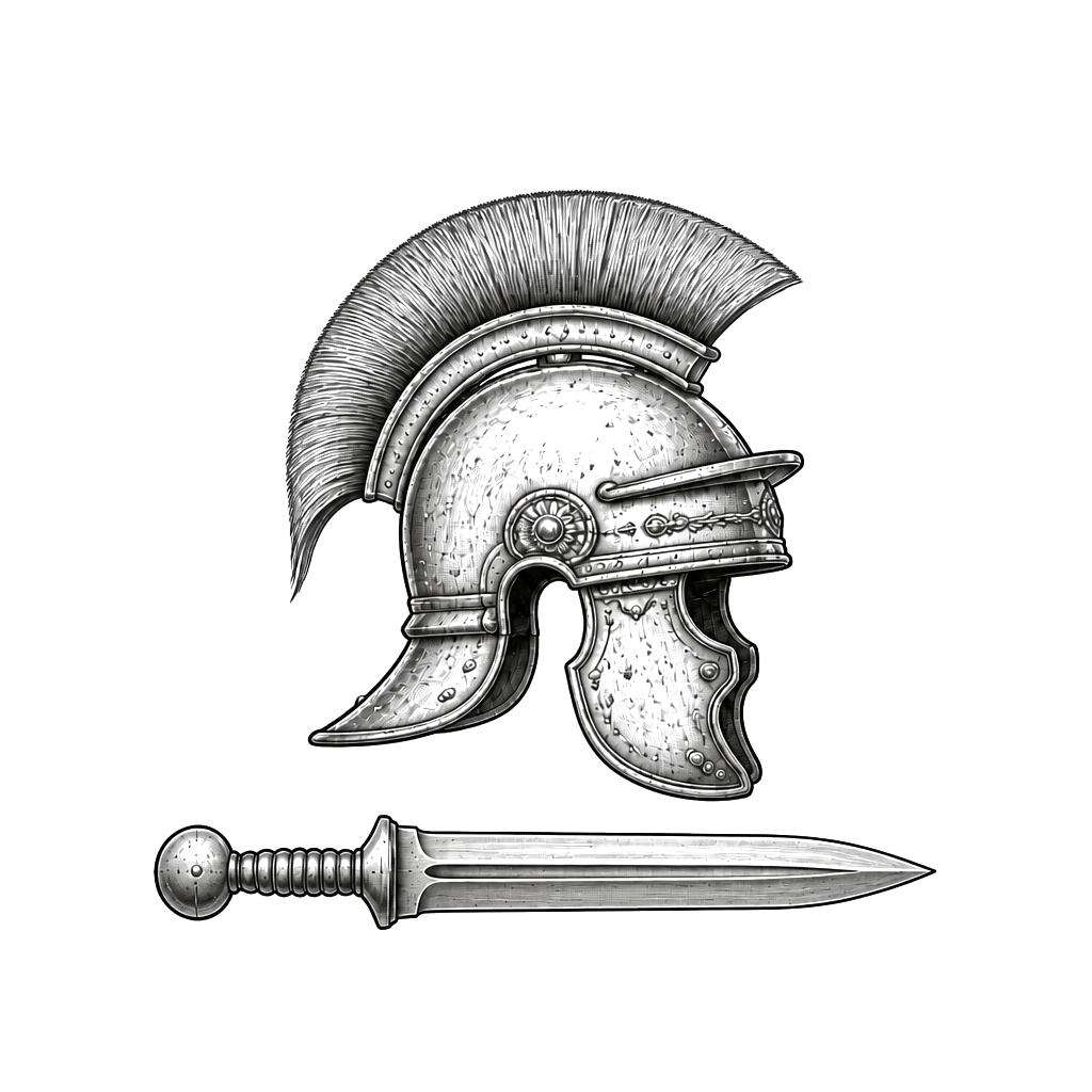 “Veni vini vici” in Roman lettering and over a Roman helmet with a Roman sword underneath