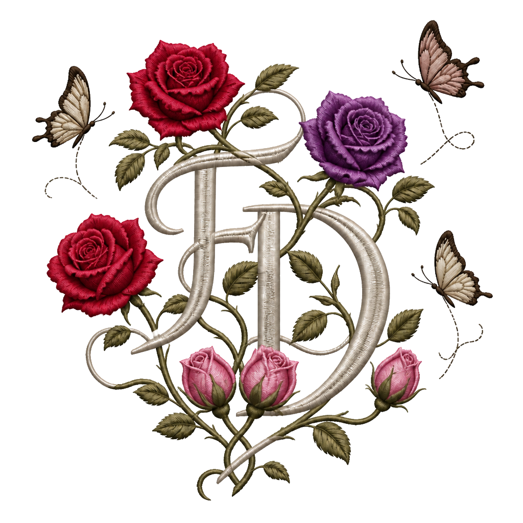 Buchstaben F und D ineinandergeschlungen. Mit 3 offenen Rosen (Bryan, Amy,Lucas) und 2 zusammenverbundene geschlossene Rosen ( (13.10.2011) mit 2 wegfliegenden Schmetterlingen sowie 1 geschlossene Rose (04.11.2010) mit 1 wegfliegenden Schmetterling. Es soll alles miteinander verbunden sein