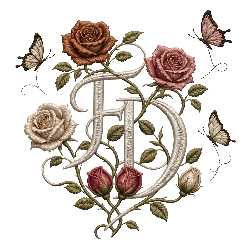 Buchstaben F und D ineinandergeschlungen. Mit 3 offenen Rosen (Bryan, Amy,Lucas) und 2 zusammenverbundene geschlossene Rosen ( (13.10.2011) mit 2 wegfliegenden Schmetterlingen sowie 1 geschlossene Rose (04.11.2010) mit 1 wegfliegenden Schmetterling. Es soll alles miteinander verbunden sein