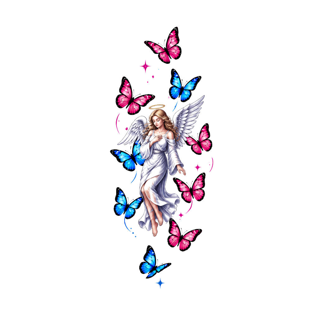 Draw me a tattoo with nine small butterflies, and five of them being pink and four of them being blue. These will need to go small because they are going on a females upper arm.