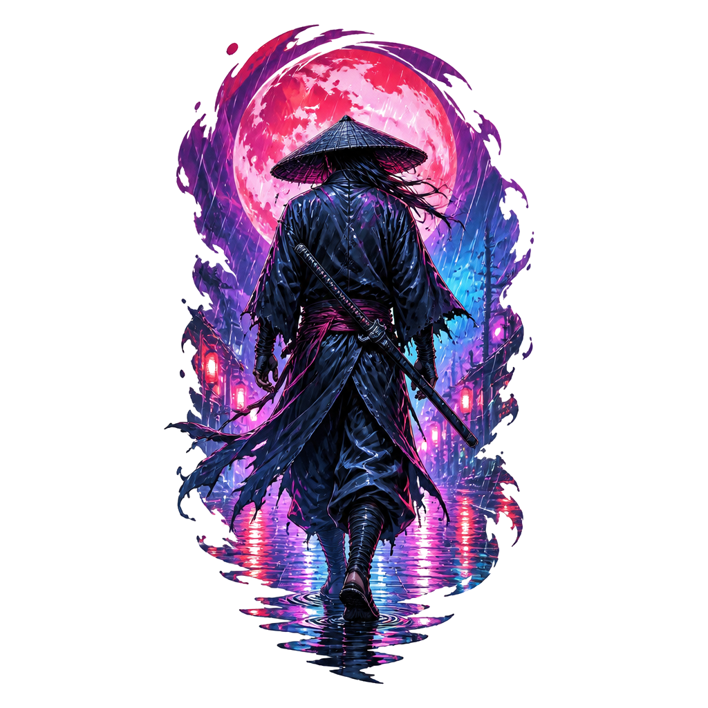 A ronin walking through neon rain