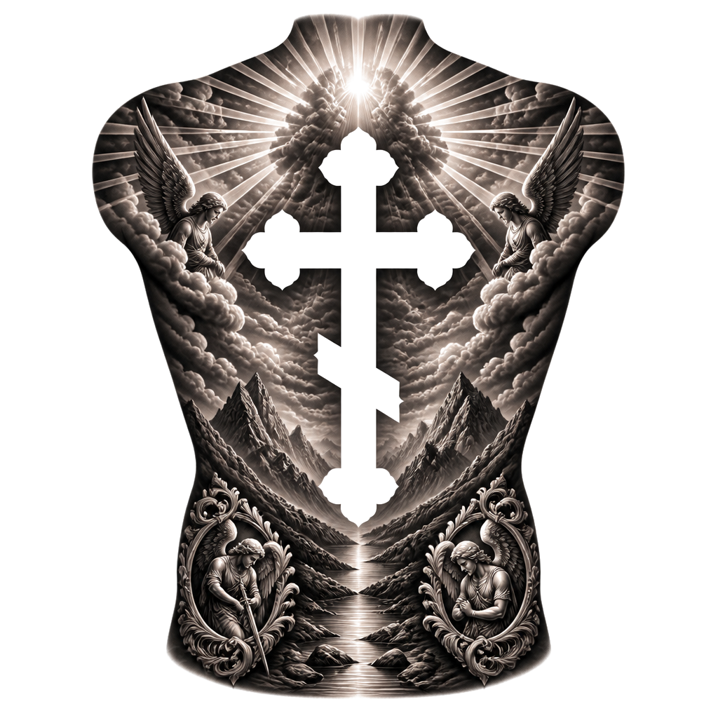 Full back piece with a Christian orthodox cross tattoo in negative space. I want sunrays to border the top and upper corners. Add two other smaller pieces in both lower corners