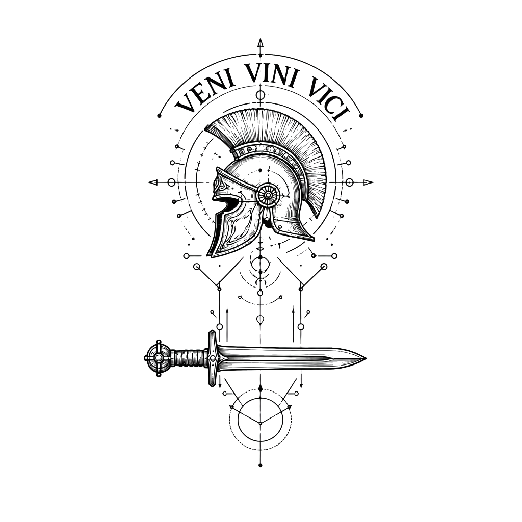 “Veni vini vici” in Roman lettering and over a Roman helmet with a Roman sword underneath