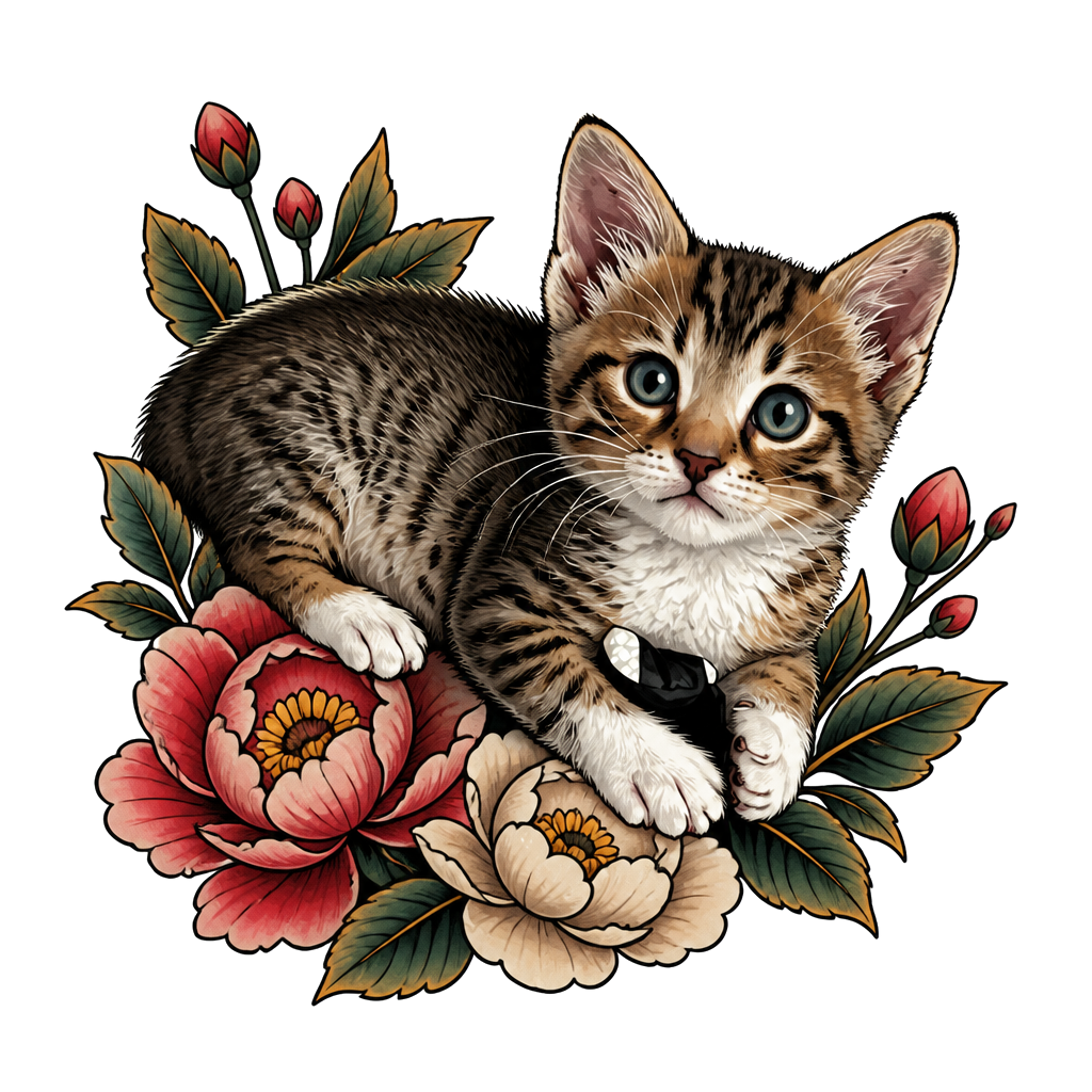A fine-art tattoo portrait of a beloved pet, true to their markings and express…