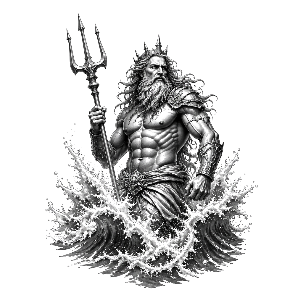Poseidon rising with his trident from crashing waves
