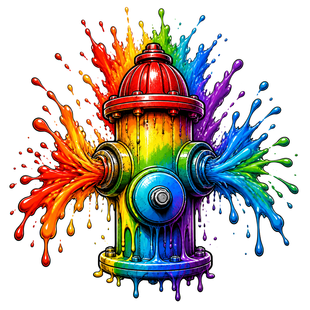 A fire hydrant bursting with rainbow paint