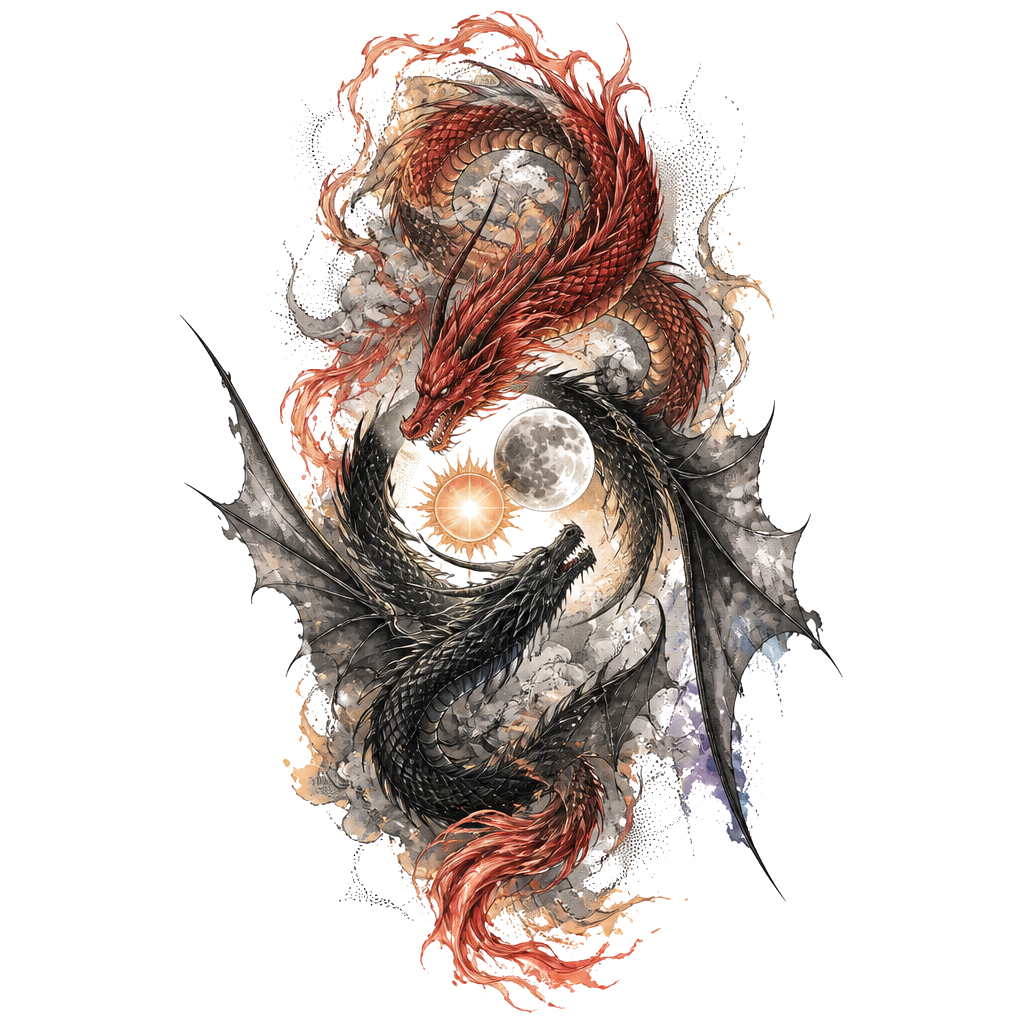 Un dragon rouge avec la queue en flamme et un dragon noir plus sombre avec des ailes. Il faut qu’il soit placé tous les deux à l’envers comme le ying et le yang et qu’ils s’entremêlent, avec au milieu des deux dragons une lune et un soleil. Je veux qu’il soit en long et que leurs têtes soit face à face. Je veux qu’il y est de la couleur sur les contours et des ombrages en couleur mais pas colorés entièrement. Le style que j’aimerais est japonais, réaliste, dotwork et sketch et un peu aquarelle s
