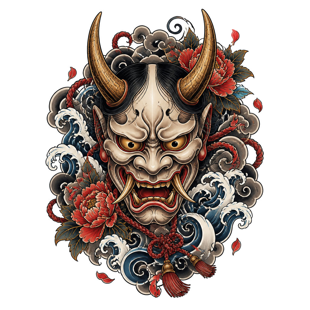 Giant oni mask with Japanese style all around it