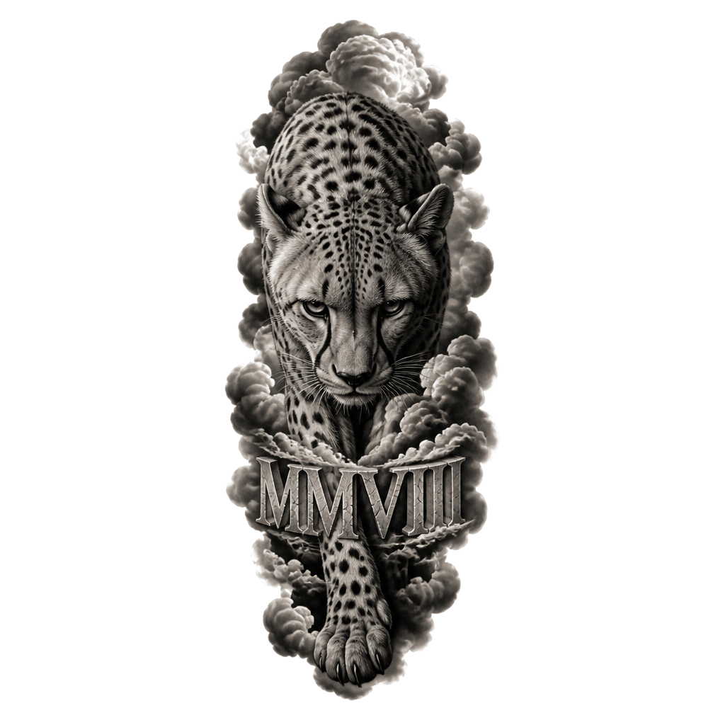 clouds on the wrist, 2008 in roman numerals, with a intimidating cheetah