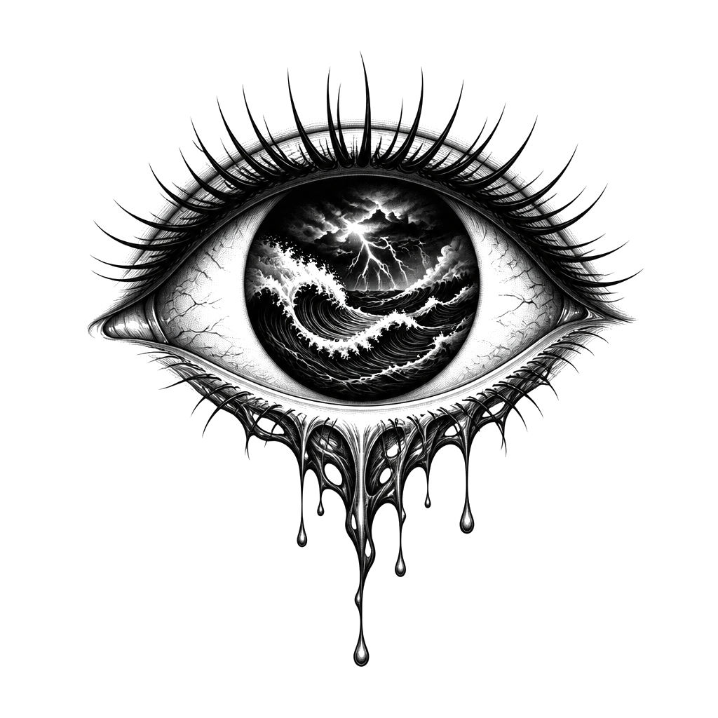 An eye with a stormy sea for a pupil