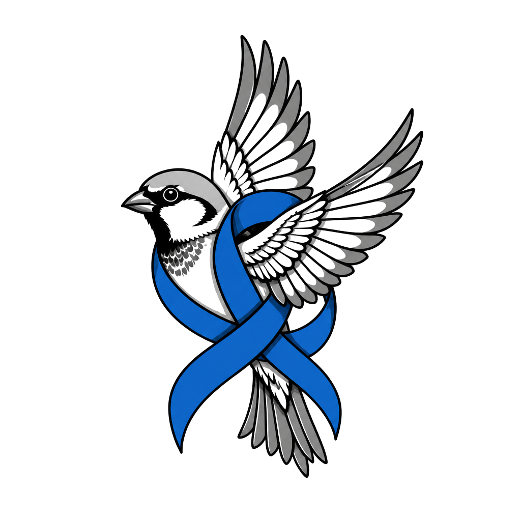 Sparrow, not realism, blue autism
Awareness ribbon, only ribbon in color.