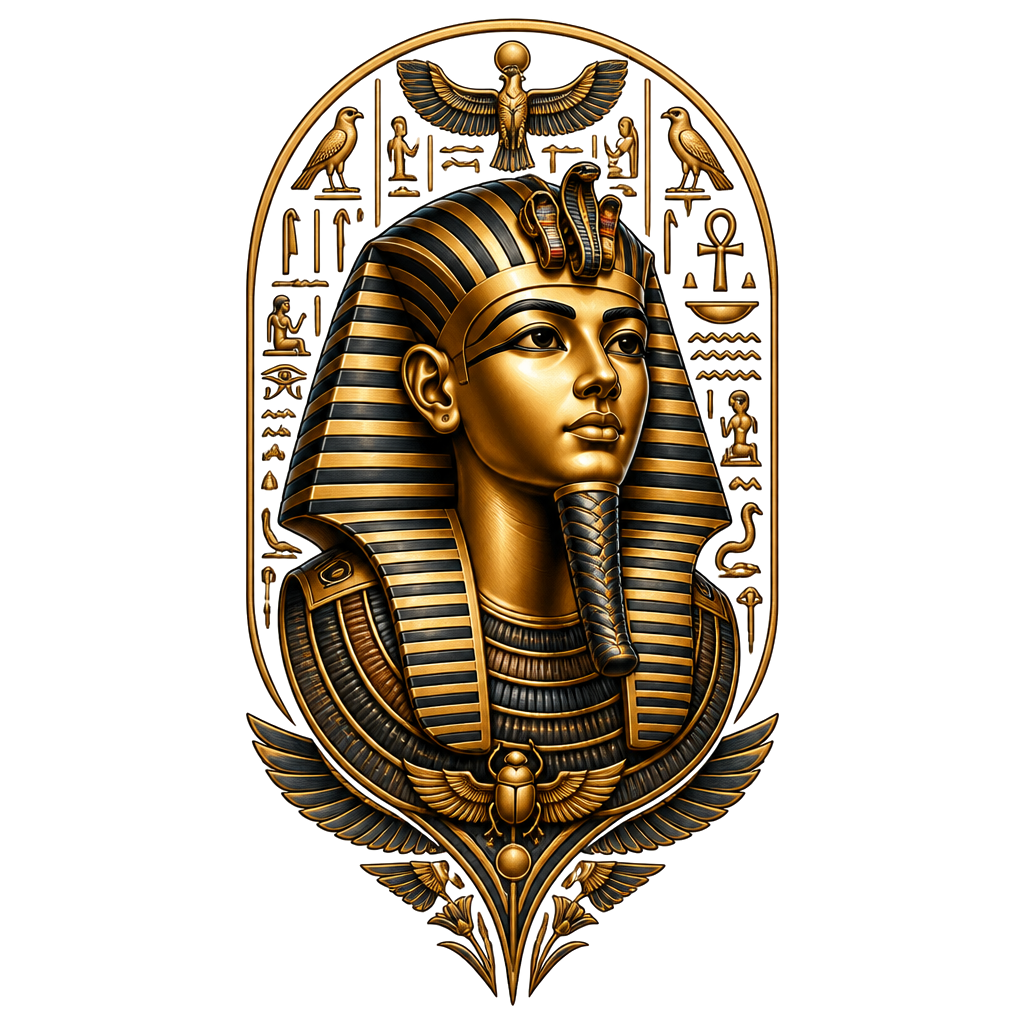 King tut with hieroglyphs
