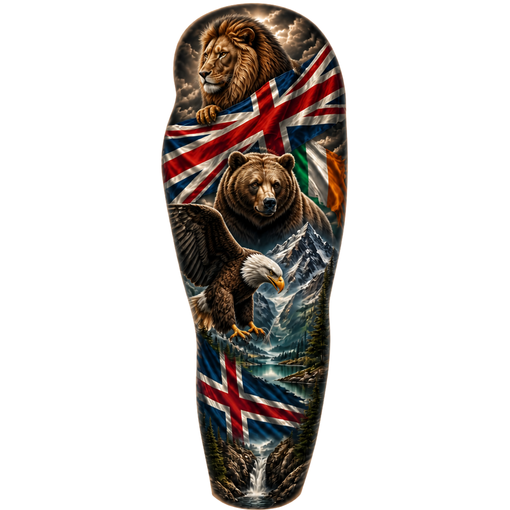 English flag and Irish flag with an American bald eagle with an American flag, a grizzly bear a lion ass mountains with a lake, all made into a sleeve tattoo, which also has a Nordic cross