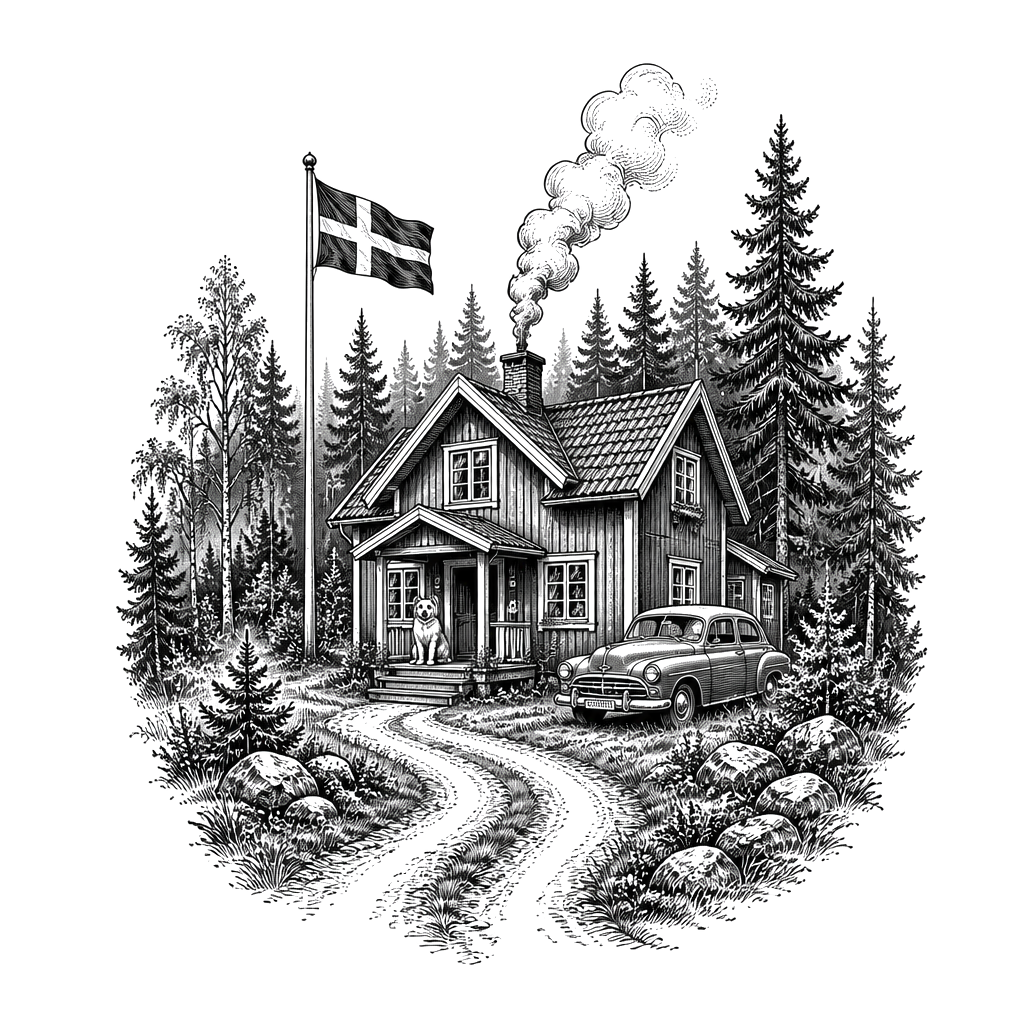 A forest with a house thats typical from swedens Wood and a old car next to the house and a flagpole with swedish flag and smoke coming from the chimney and a road coming the house and a dog on the front porch