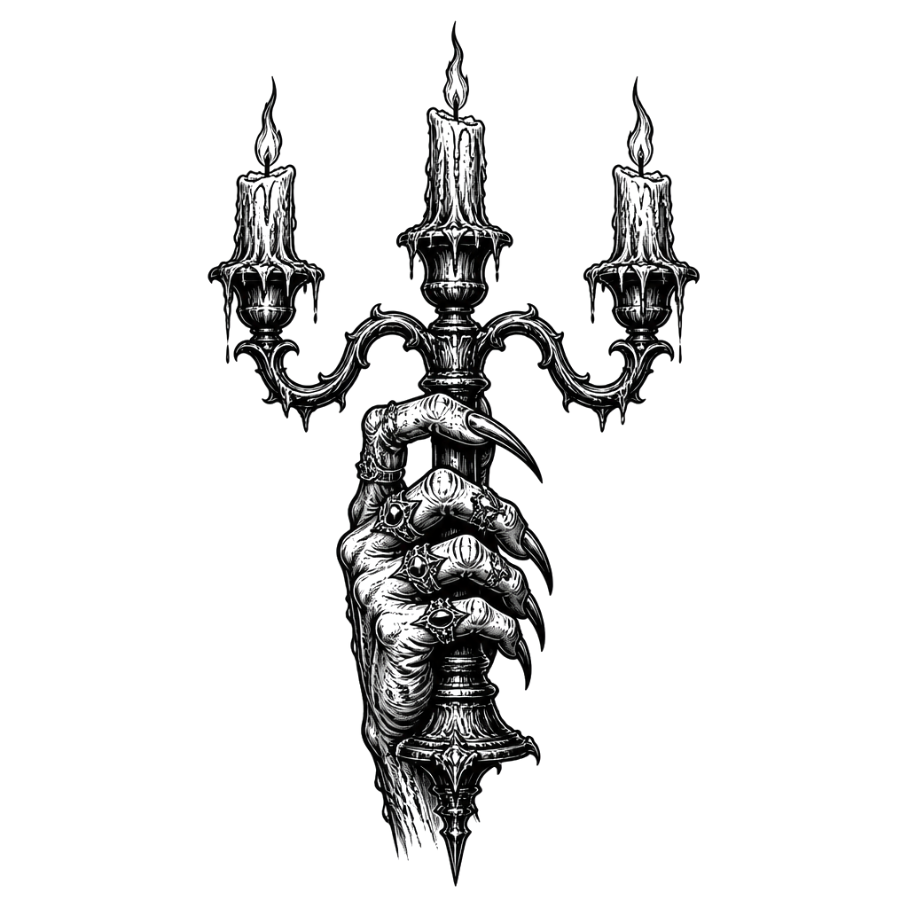 A clawed hand wearing pointed rings holding a candelabra