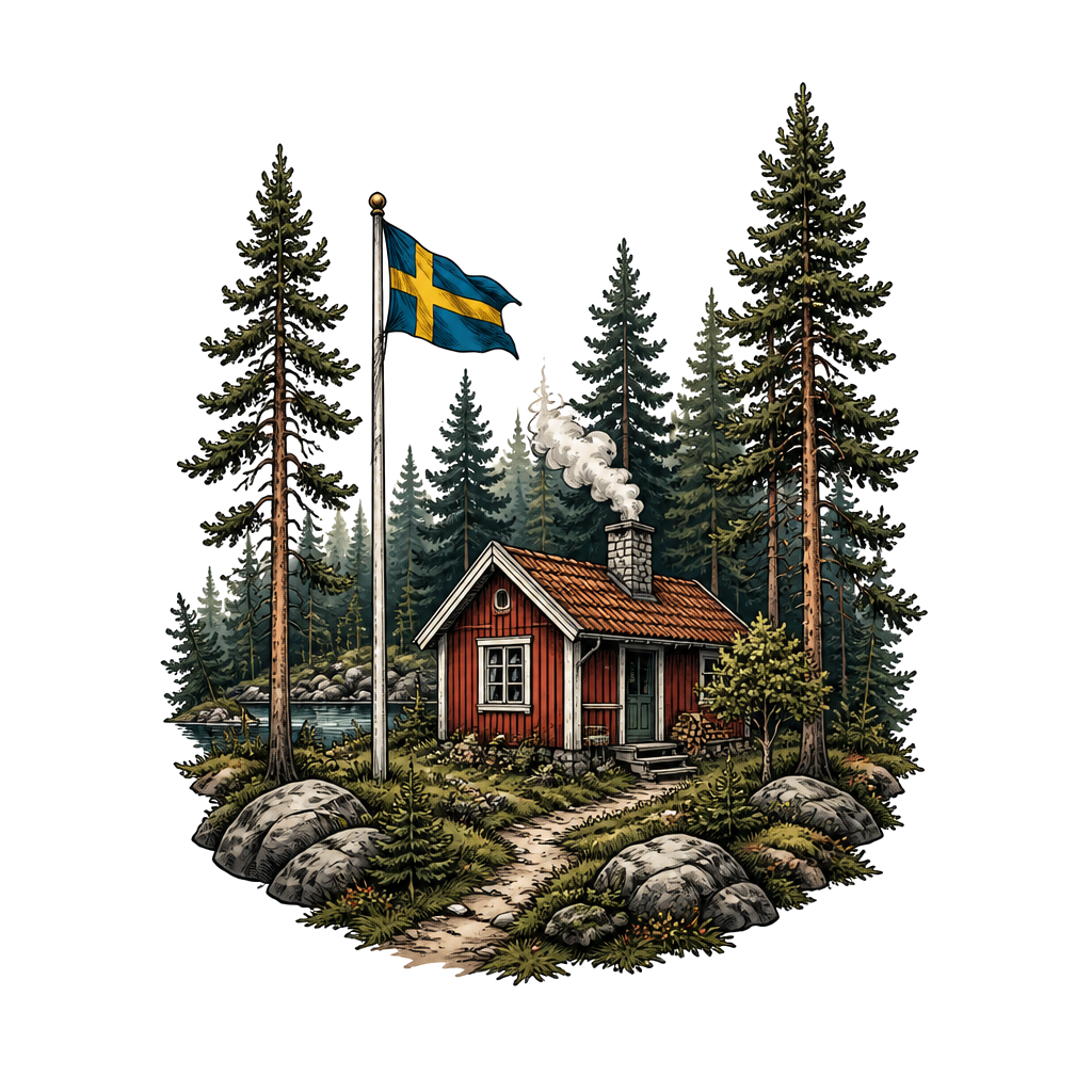 Swedish forest with a little Wood Cabon with a chimney and a flagpole with swedish flag