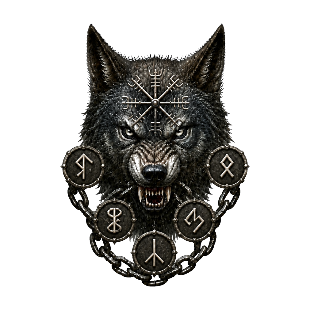 Fenrir’s snarling head centered on the forehead, Yggdrasil roots spreading toward the temples, broken chains flowing from its jaws and wrapping around the neck.