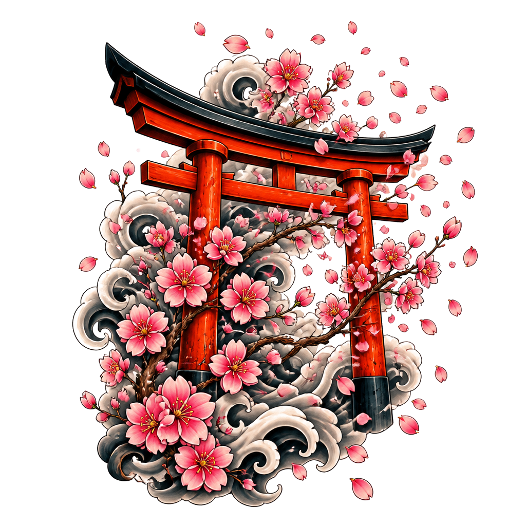Cherry blossoms scattering off a torii gate