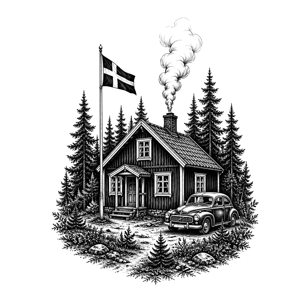 A forest with a house thats typical from swedens Wood and a old car next to the house and a flagpole with swedish flag and smoke coming from the chimney