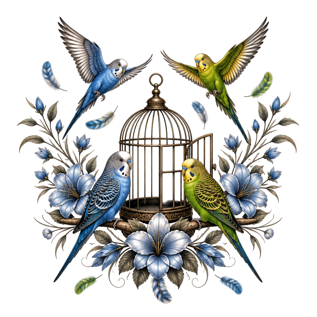 Two budgies perched beside an open cage, framed by matching flowers and scattered feathers, mirroring the freedom of the flying pair.