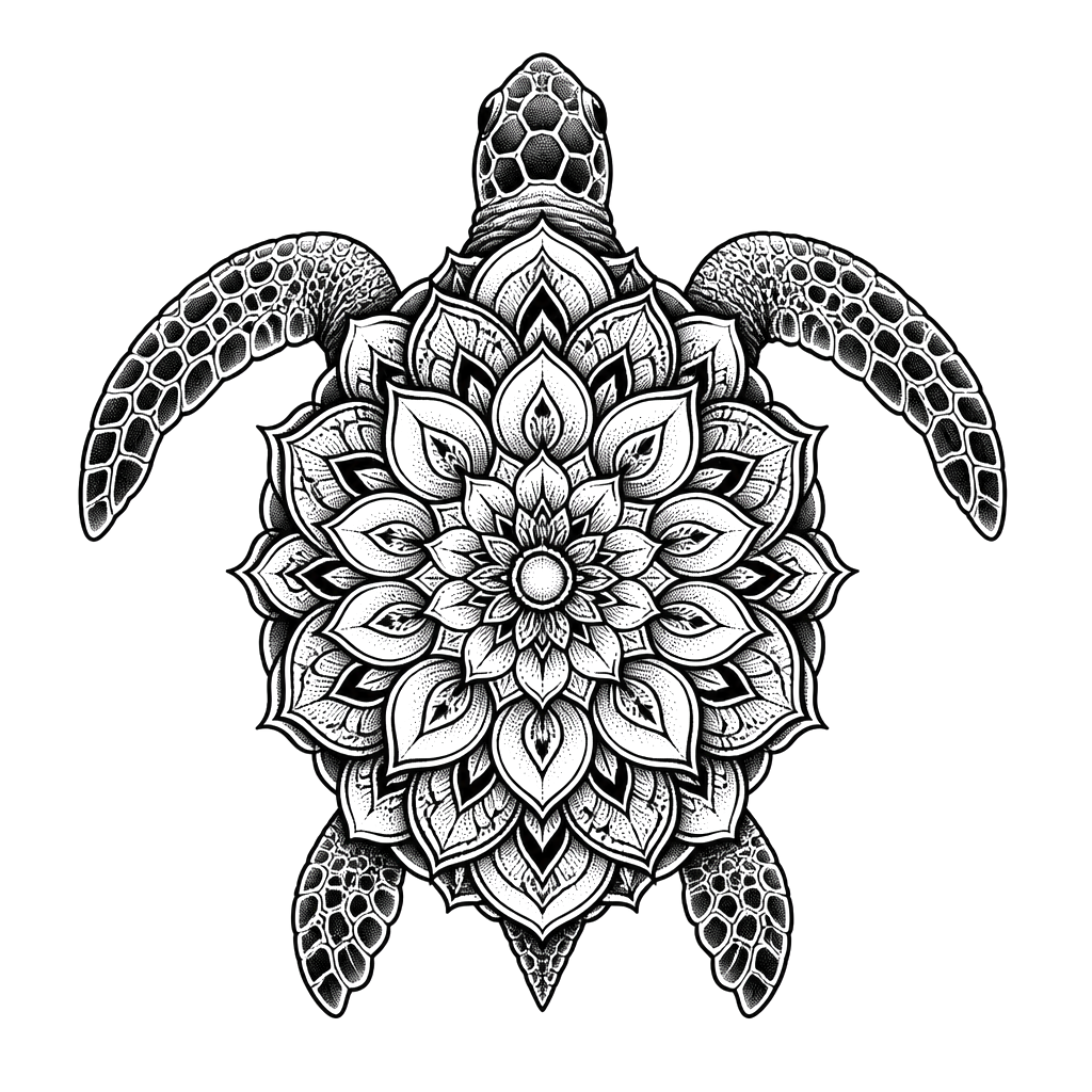 A sea turtle shell blooming into a mandala