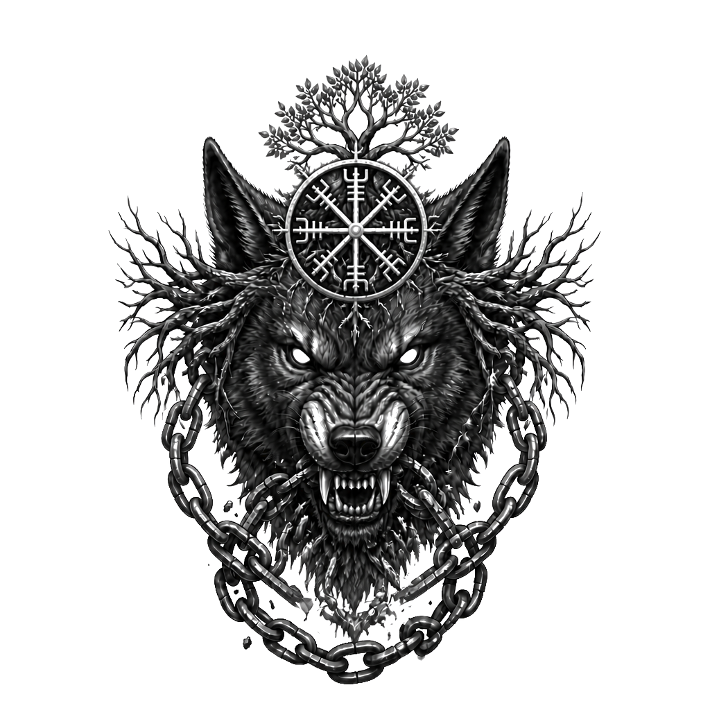 Fenrir’s snarling head centered on the forehead, Yggdrasil roots spreading toward the temples, broken chains flowing from its jaws and wrapping around the neck.