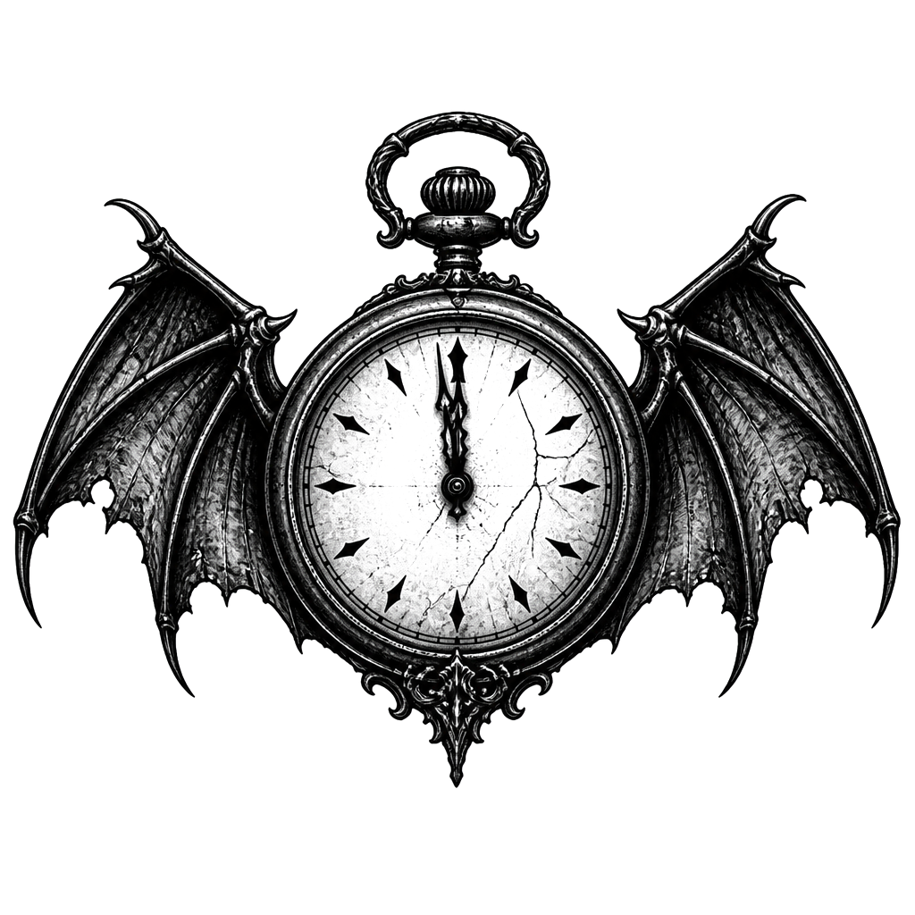 A pocket watch stopped at midnight with bat wings
