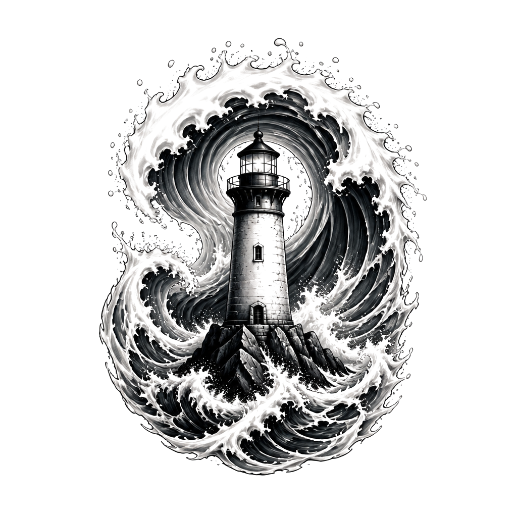 A lighthouse holding its ground inside a crashing wave