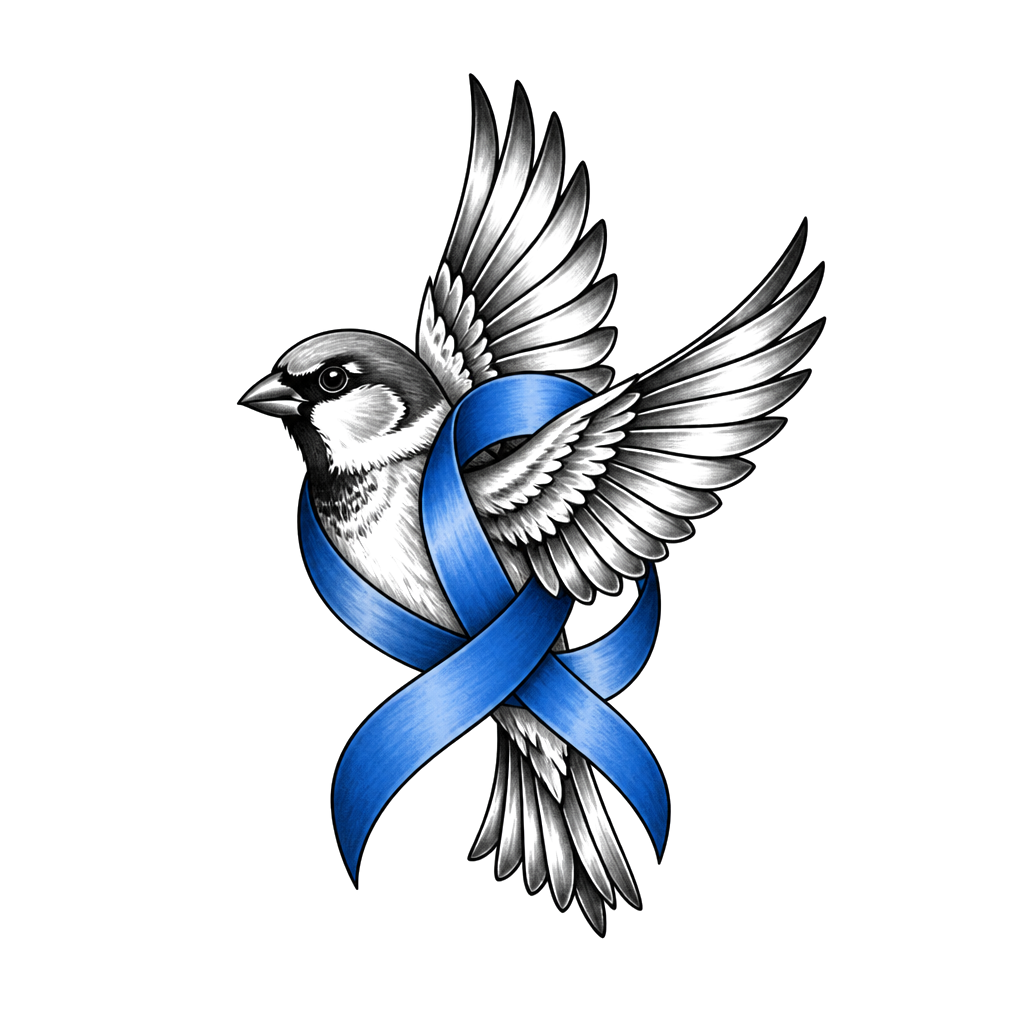 Sparrow, not realism, blue autism
Awareness ribbon, only ribbon in color.