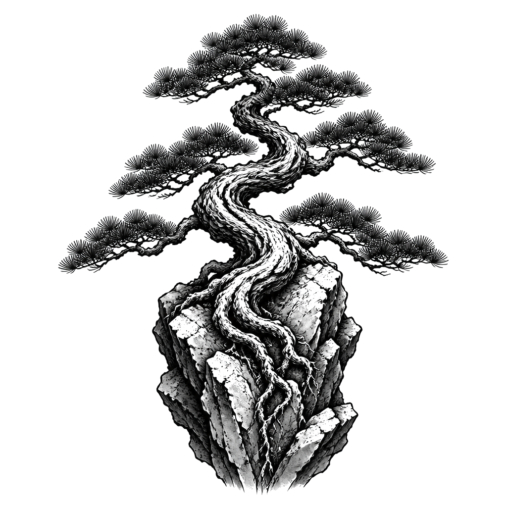 A bonsai pine clinging to a rock