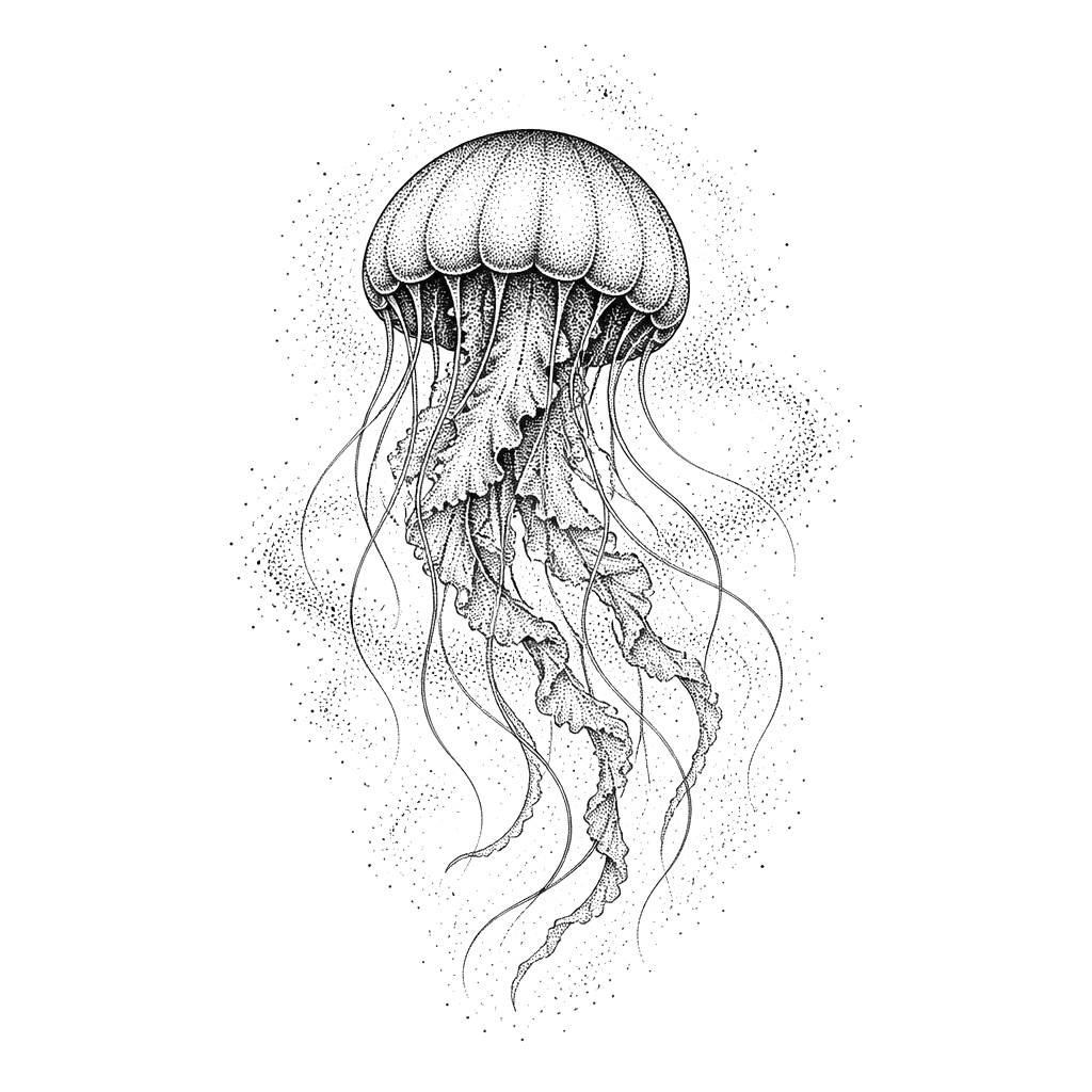 A jellyfish drifting through a haze of dots