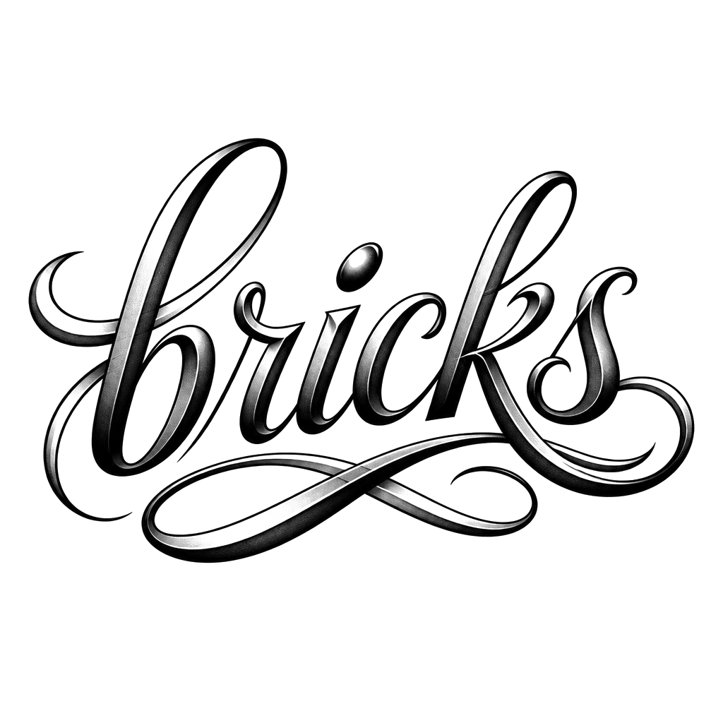 The word bricks in Script lettering. Black and white shading