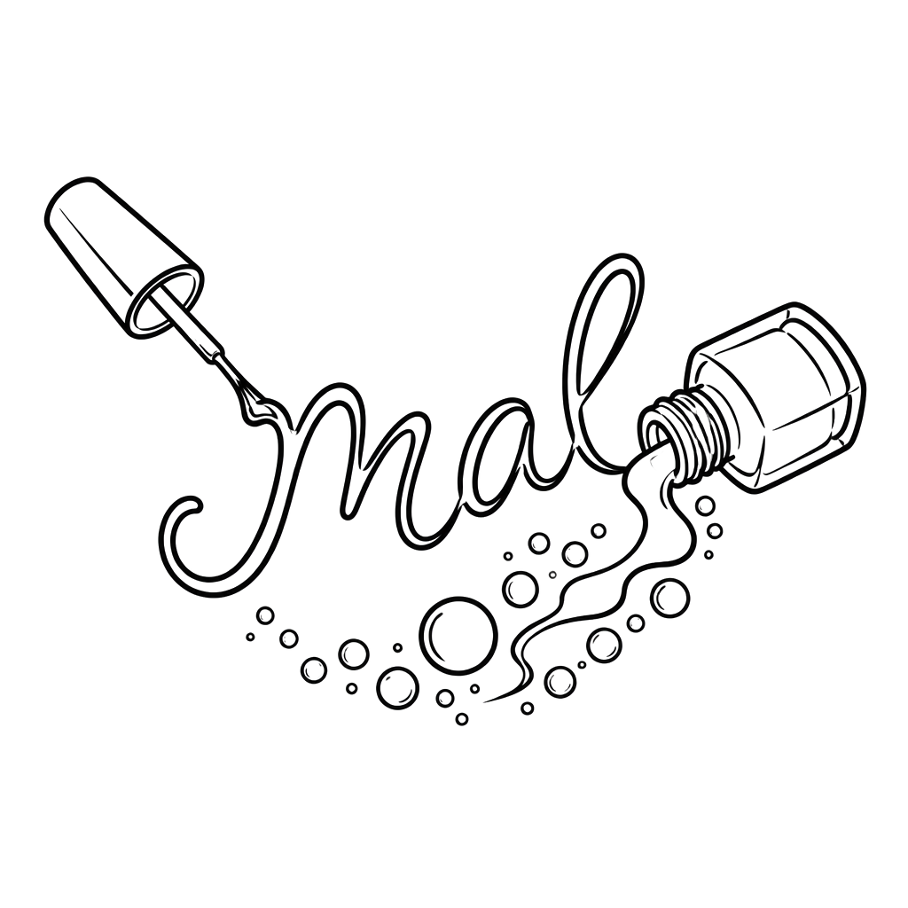 “Mal” in nail-polish brush lettering, connected to a tipped polish bottle spilling into gentle bubbles, symbolizing an unbroken best-friend promise across lifetimes.