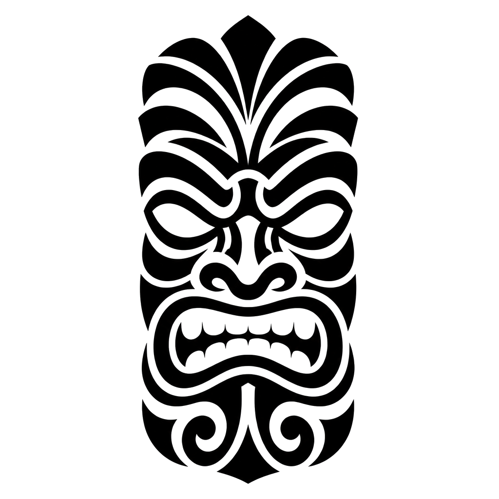 A tiki mask of stacked bold curves