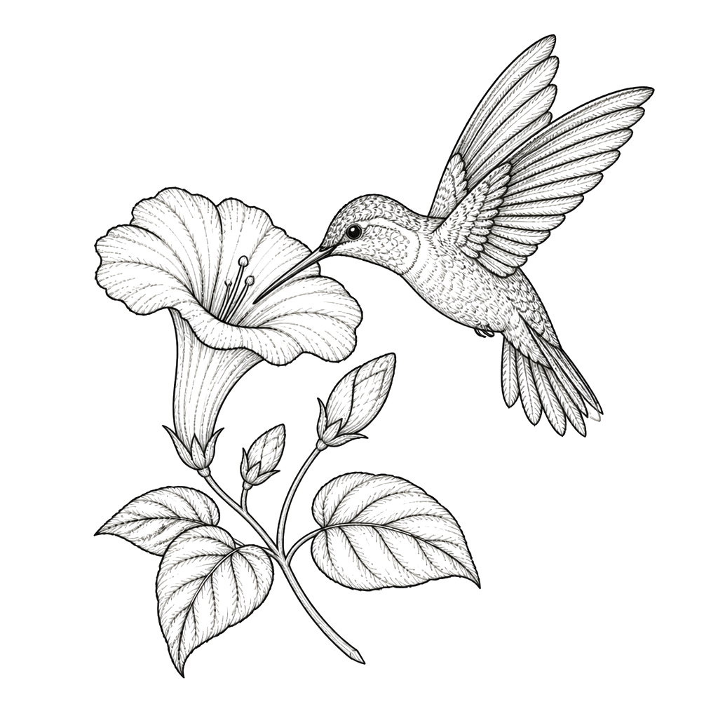 A hummingbird frozen mid-flight over a trumpet flower
