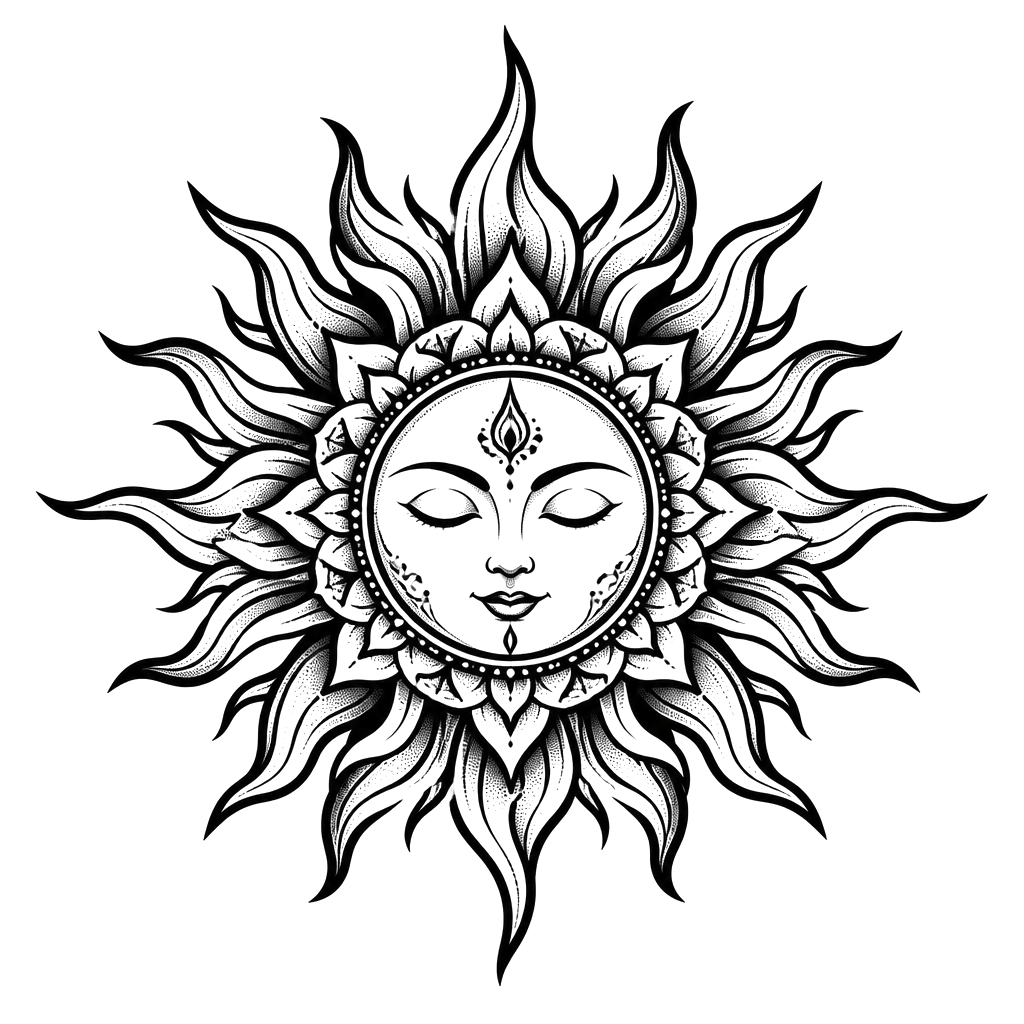 A sun mandala with radiating flame petals