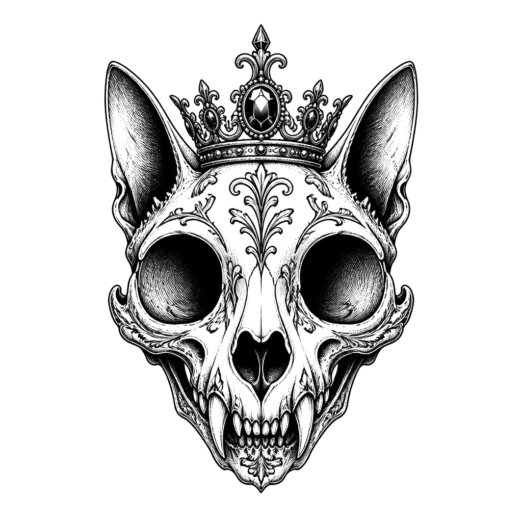 A cat skull wearing a tiny jeweled crown