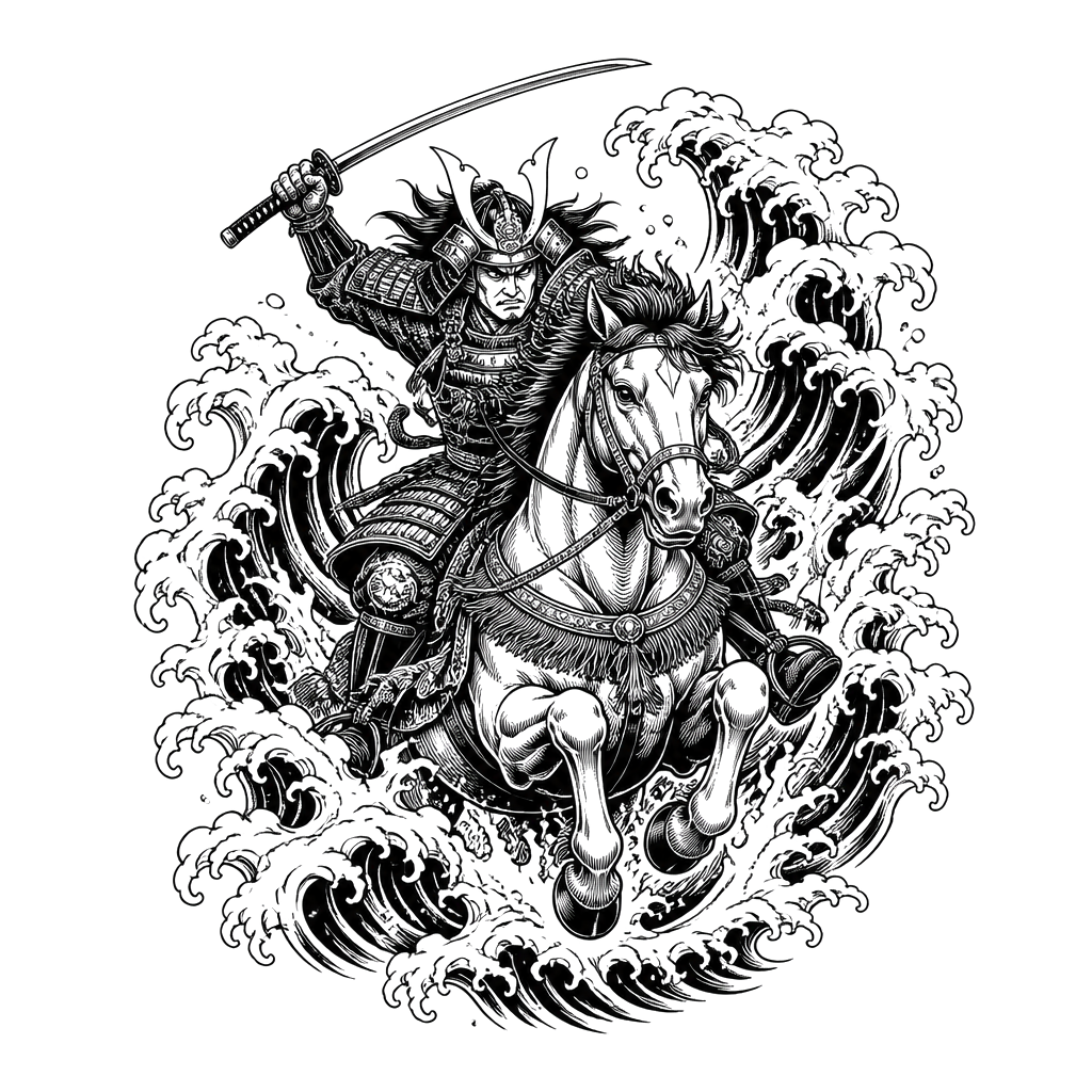 A samurai on horseback charging through crashing waves
