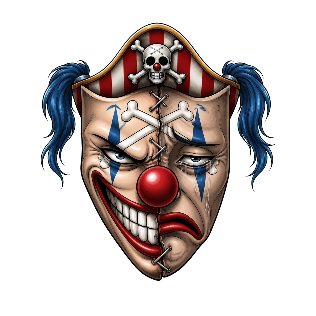 A split Smile Now/Cry Later mask reimagined as Buggy from One Piece: red nose, wide grin on one half, tearful eye on the other, subtle pirate skull.