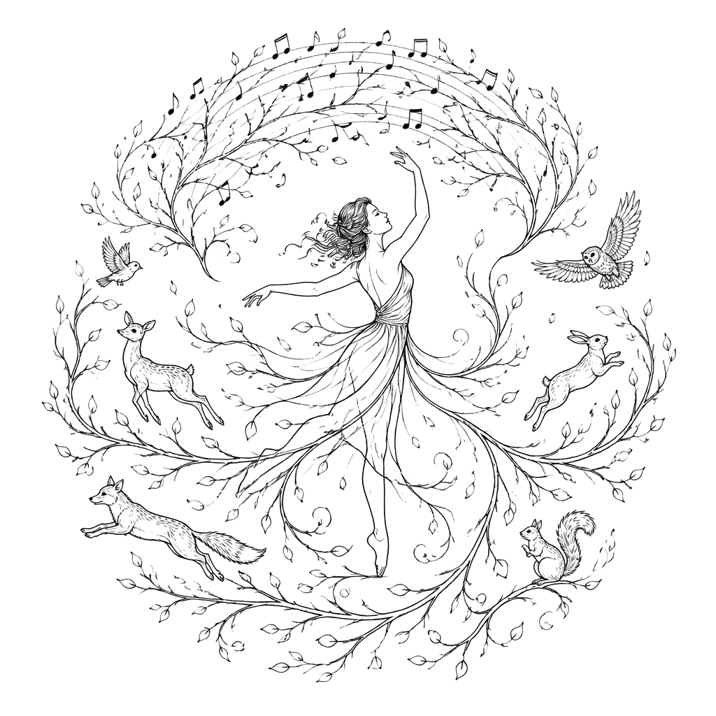 A dancer turning beneath a music-note canopy, their flowing movement transforming into woodland branches, leaves, and animal silhouettes circling the scene.