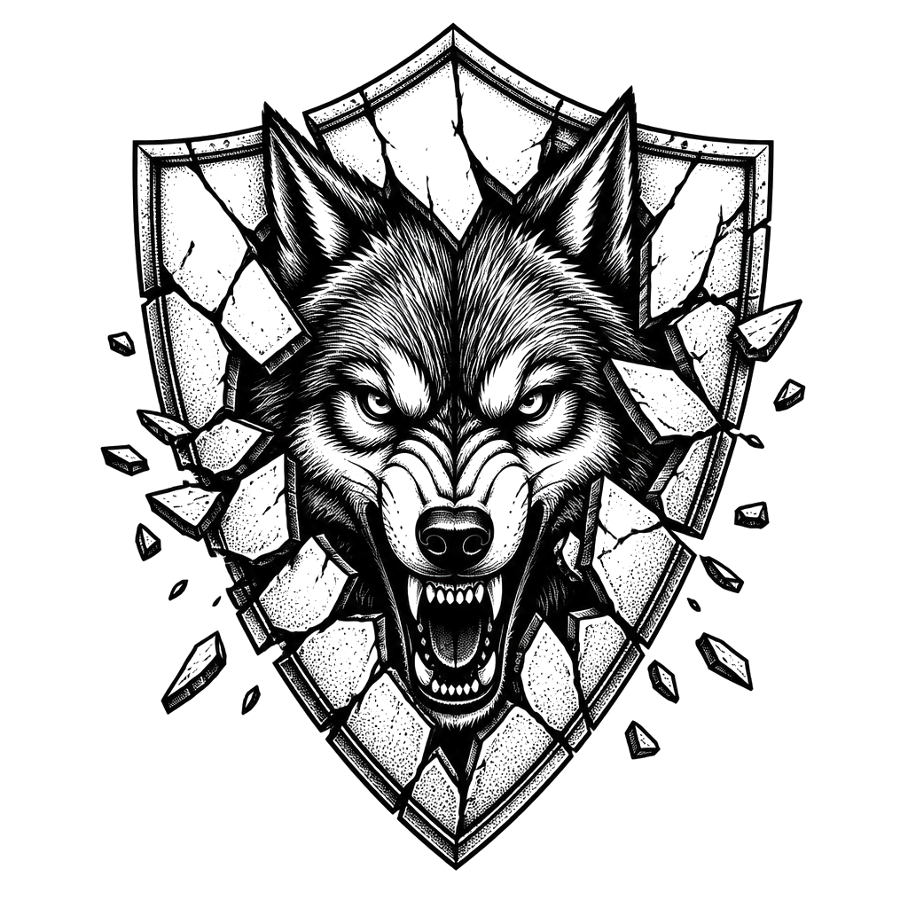 A wolf head bursting through a shattered shield