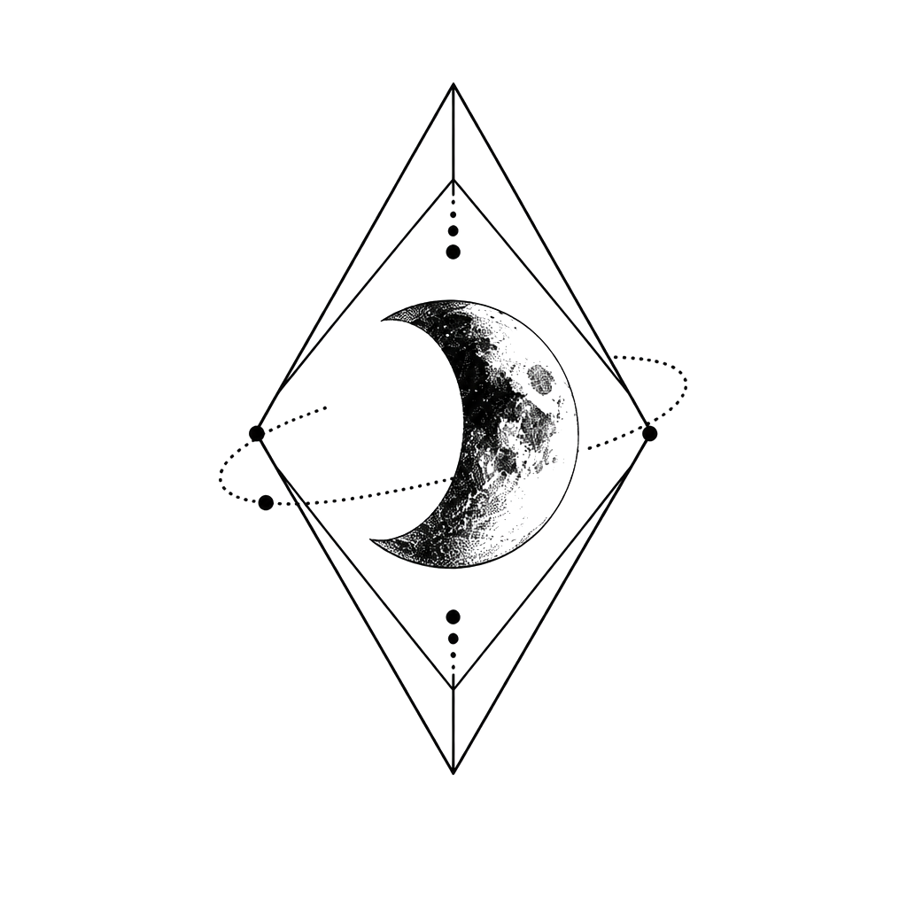 A waning moon inside a diamond with a dotted orbit line