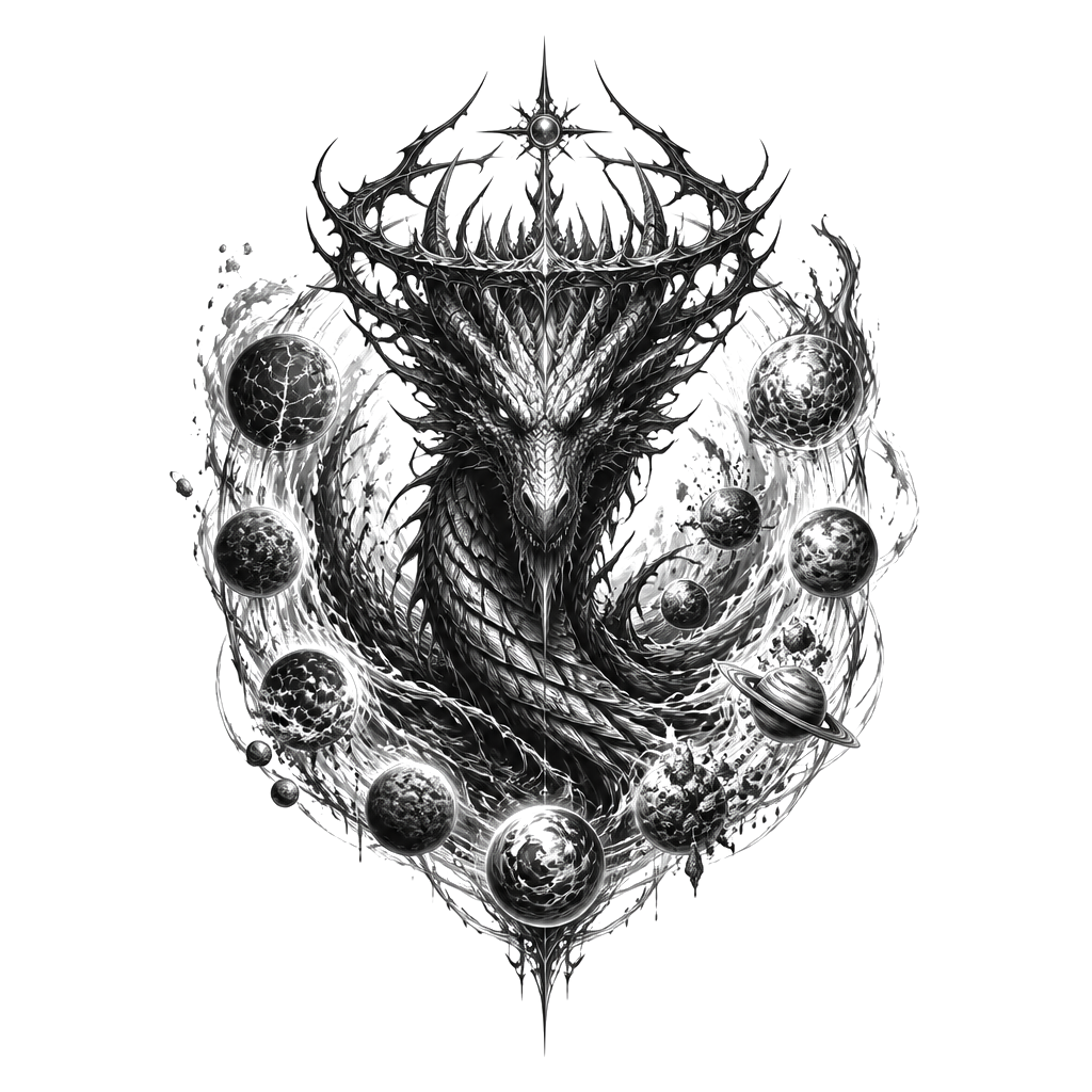 Dragon king with thorny crown of the Multiverse worlds in elements, revolving around it