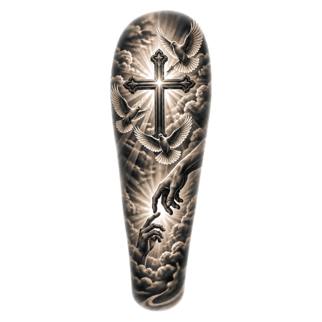 A cross doves around it with a background, make two hands touching each other both of this on my forearm and the back of my arm put the name Jessica with the same background